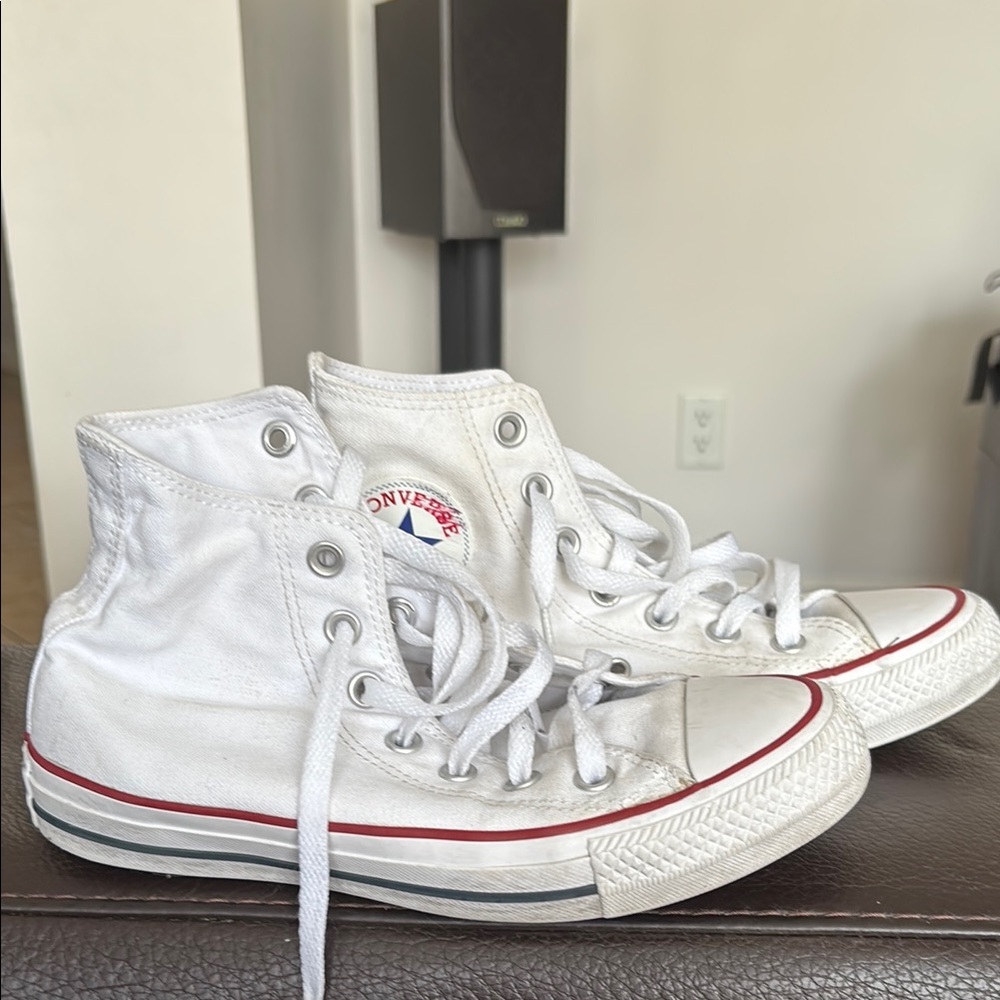 Converse White High-Tops with Red and Blue Accents
